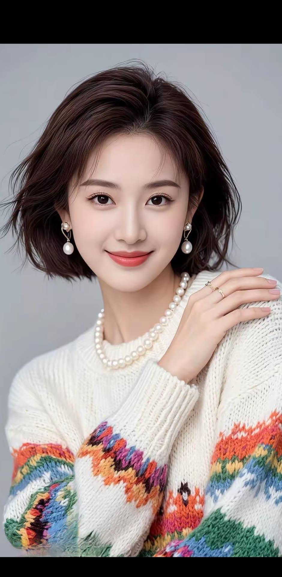 甜美少女风，珍珠耳环与彩虹毛衣的完美搭配，温柔动人！🌈✨