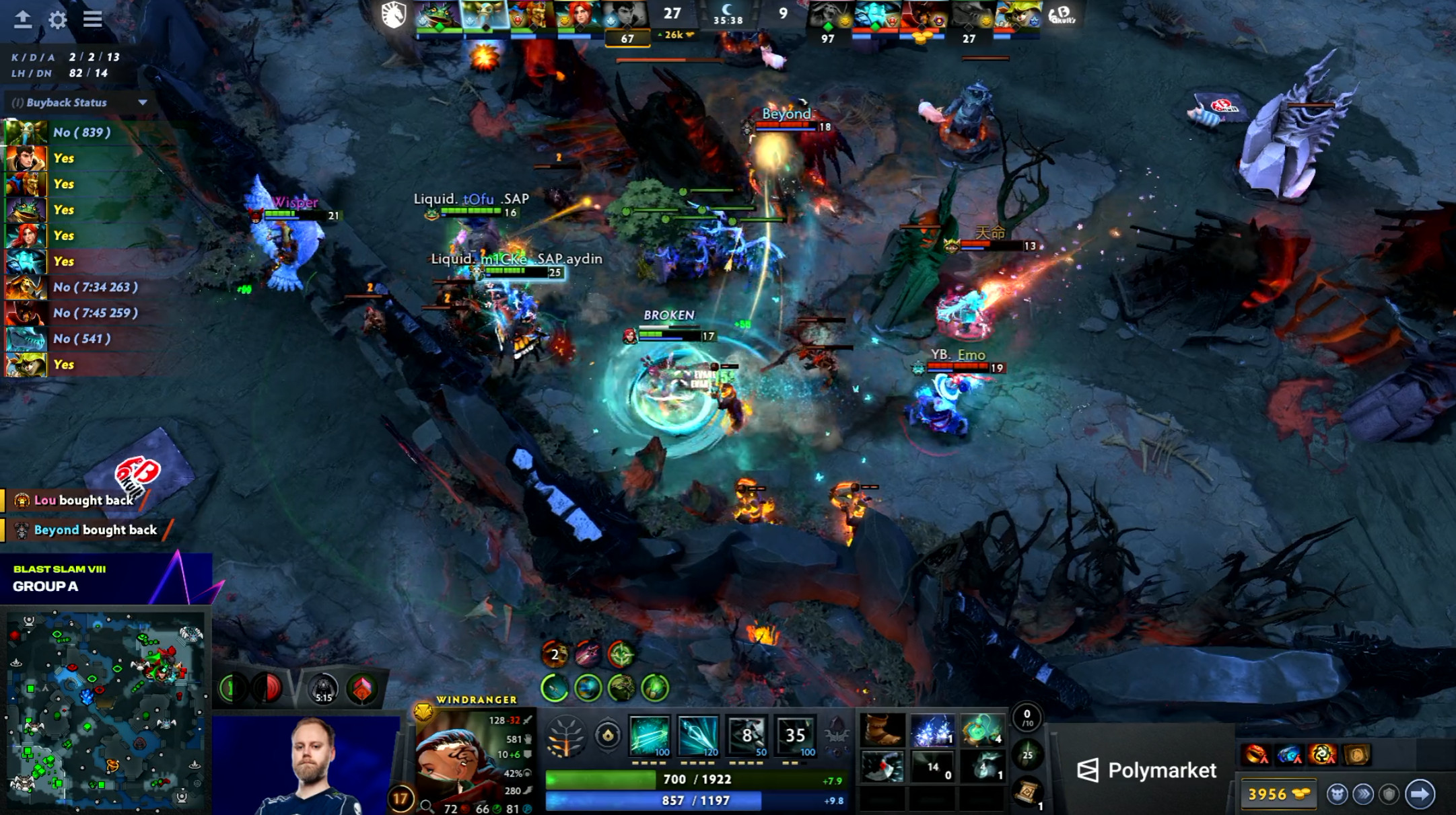DOTA2BLASTSLAM第八季小组赛D组瑞士轮第一轮YB对阵液体战队BO