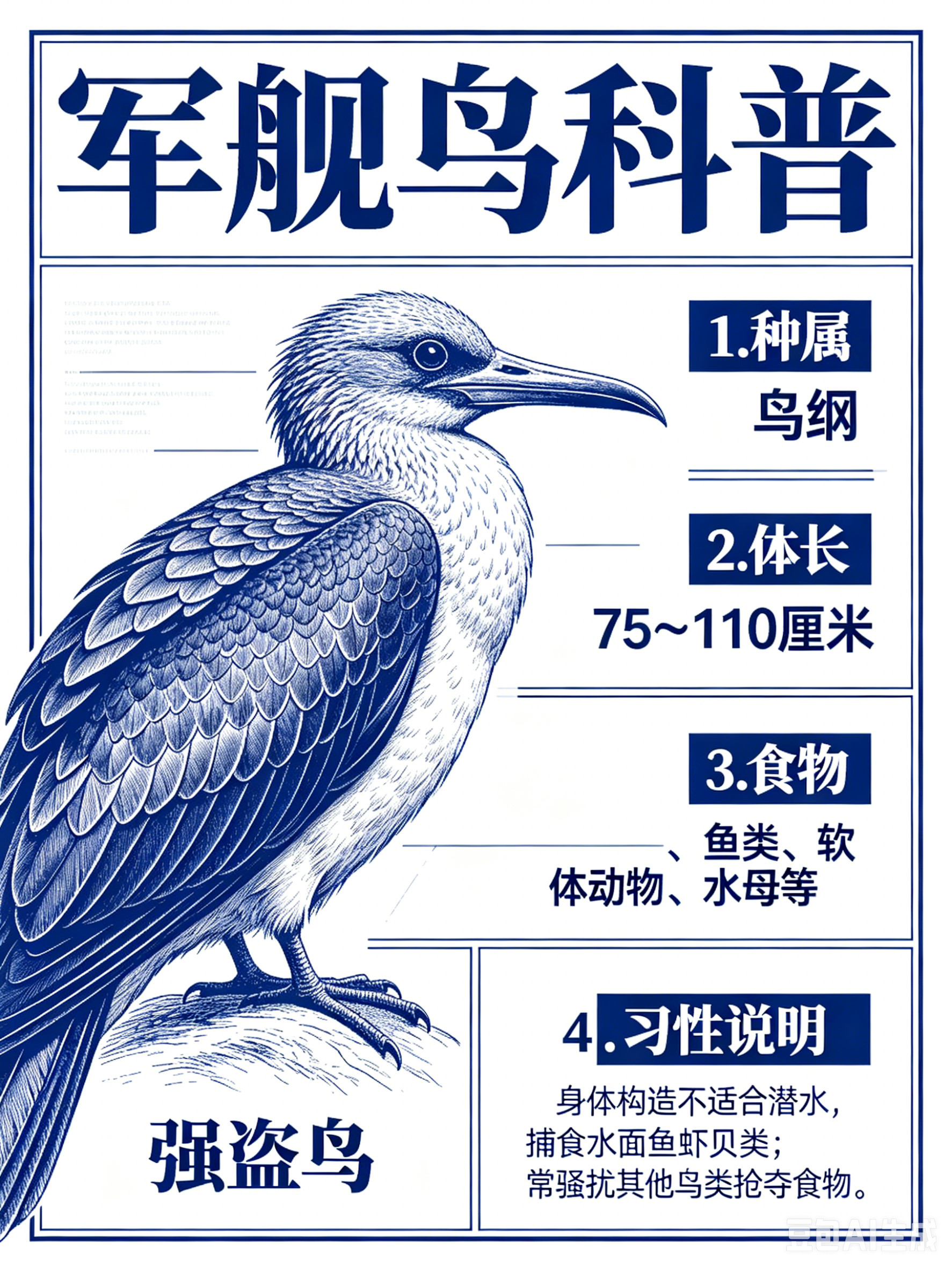 海洋朋友圈军舰鸟海洋档案种　属：鸟纲体　长：75～110厘米食　物：鱼类、软体