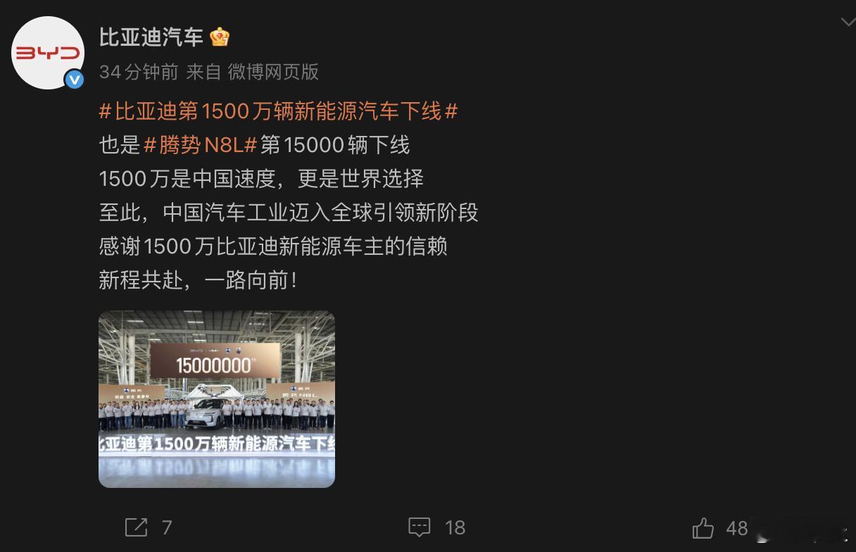 比亚迪第1500万辆新能源汽车下线12月18日消息，比亚迪官方宣布，比