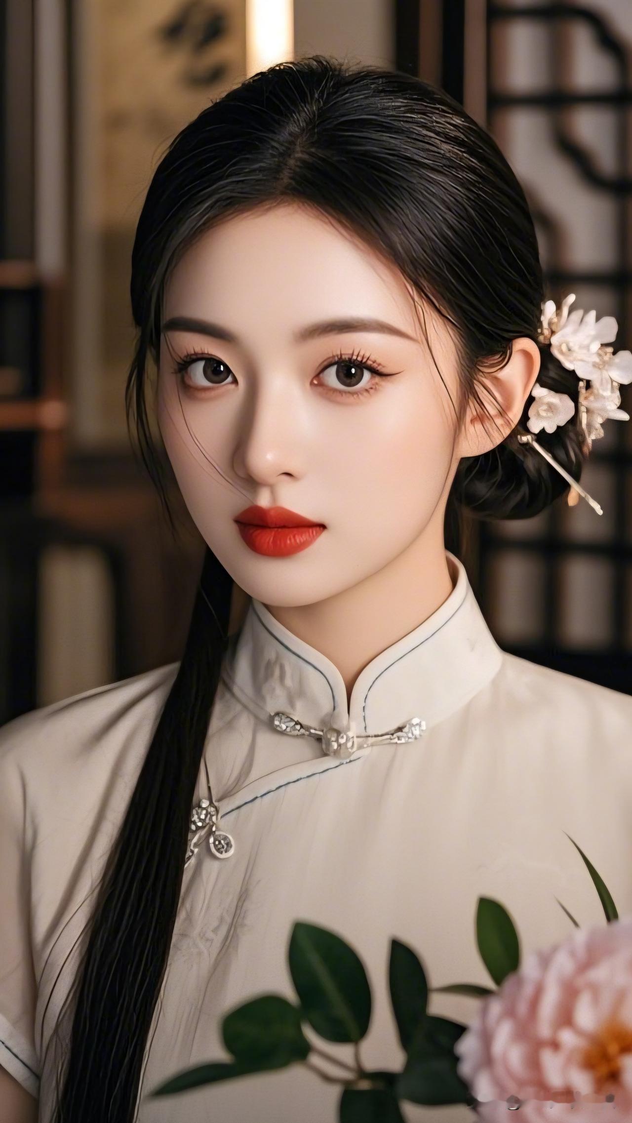 红妆美人倚，花影映窗纱。有气质的穿搭是怎么样的优雅东方美人，红唇花饰，古典旗袍