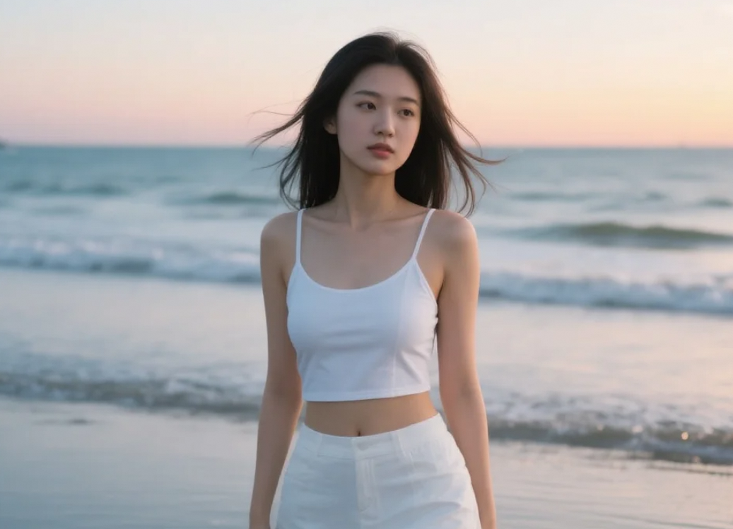 夏日活力全开，白裙美女在沙滩上笑出阳光
