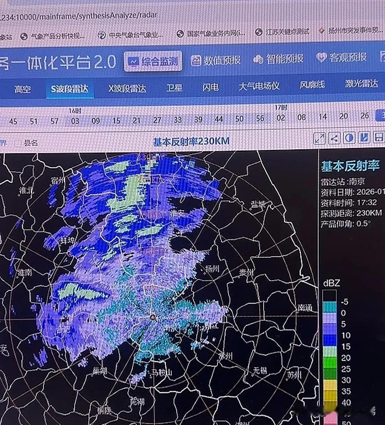 2026年1月19日，随着强冷空气主力南下，南京雷达站回波图清晰显示，大范围雨雪