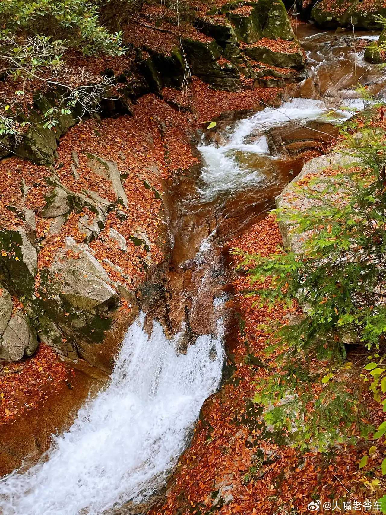 光雾山十八月潭美如仙境，各异的瀑潭镶嵌在花岗石河床上，与古木、红叶、飞瀑共同构成