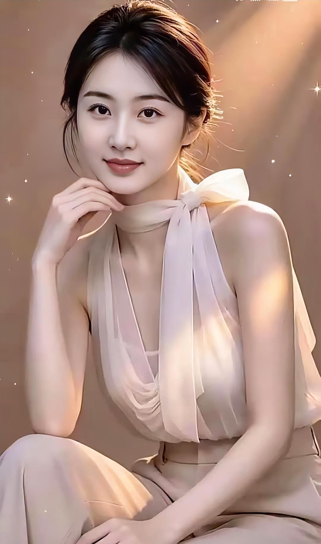 柔光落肩，白裙系着蝴蝶结。手托微风，笑意轻轻叠。星子眨眼前，