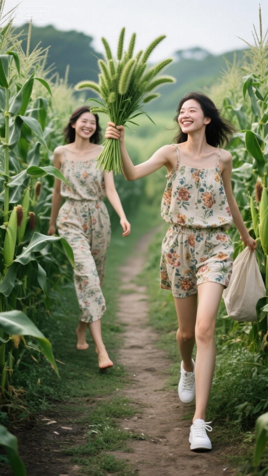 阳光明媚，她在玉米地奔跑。