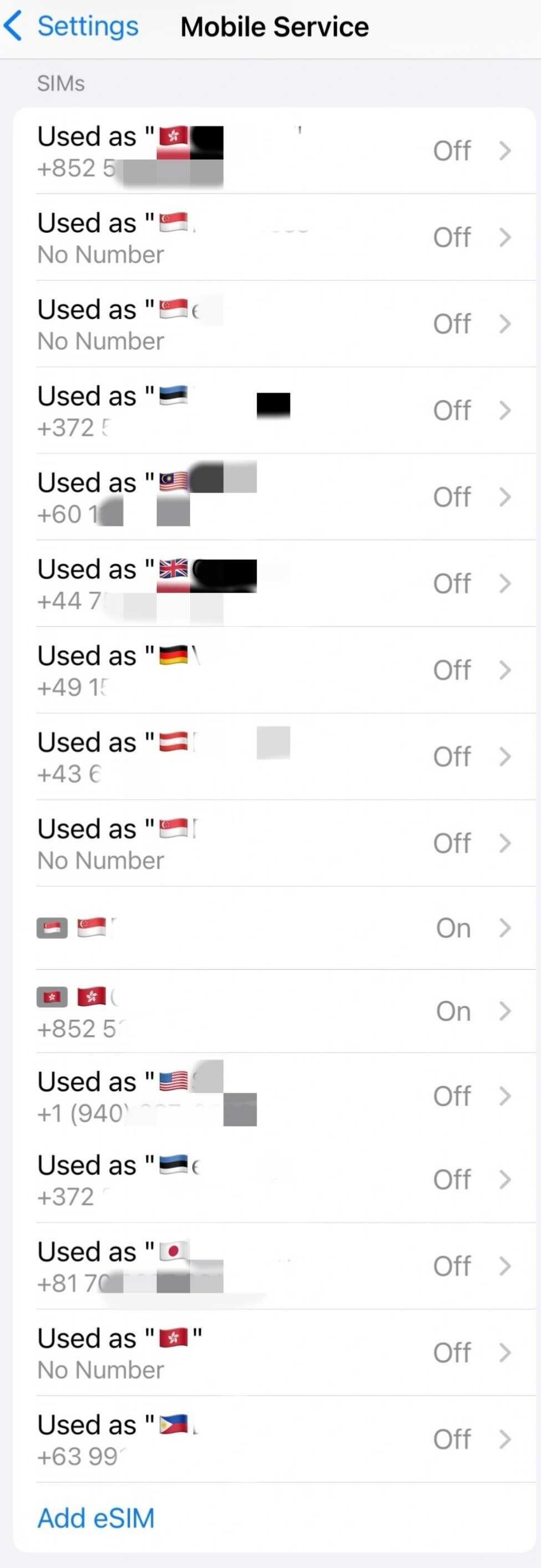 手里十几张eSIM，我的备用机变成这样了我现在手里一共十几张eSIM。主力