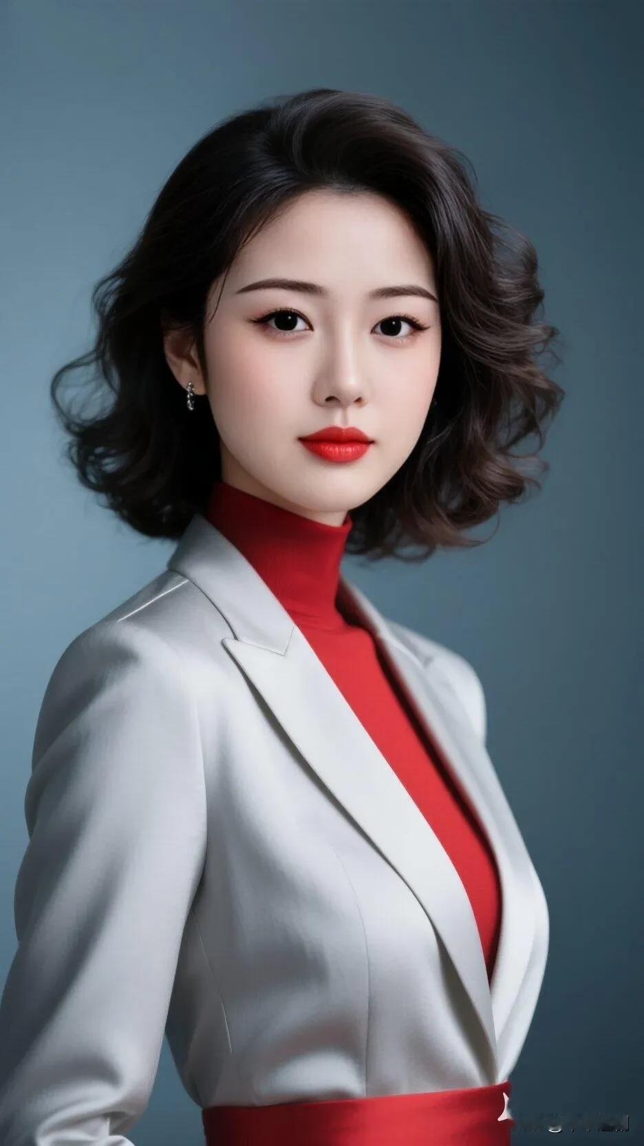 成熟端庄漂亮的女人都有什么特点 银白缎面西装搭红高领内搭，冷蓝背景揉出飒爽又明艳