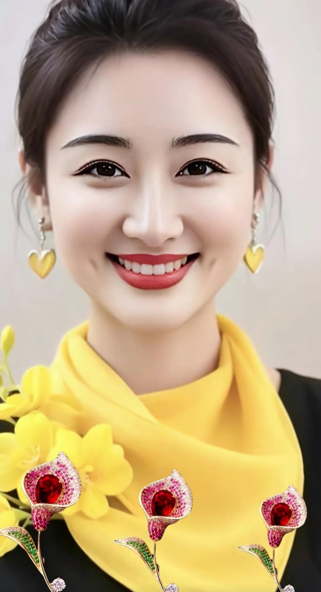 微笑的魅力，黄色围巾的温暖，心形的耳环，绽放的花朵，美好一天的开始！高雅气质美女