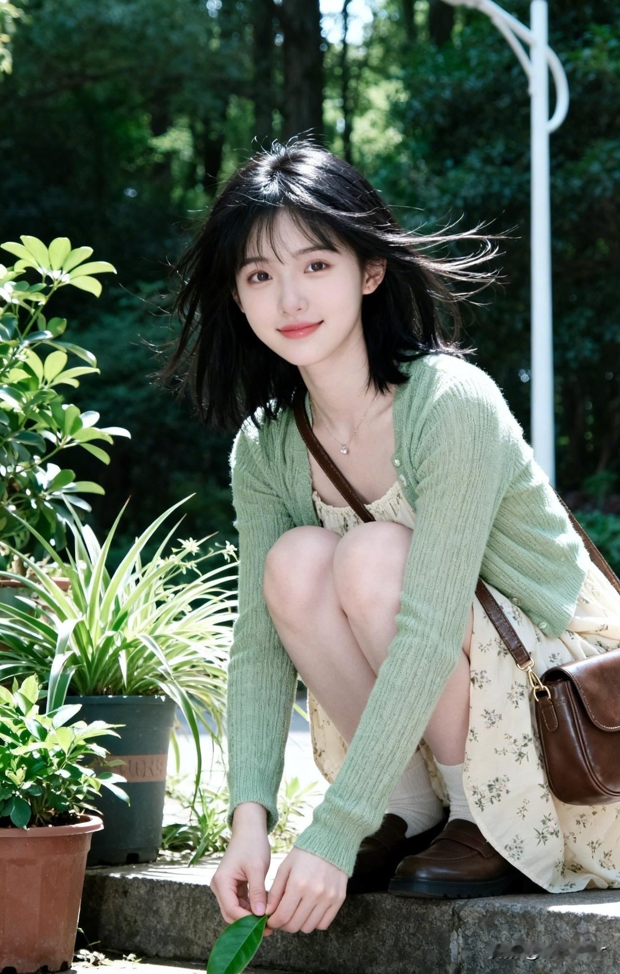 绿衣美人倚绿树，轻抚绿叶意自闲。