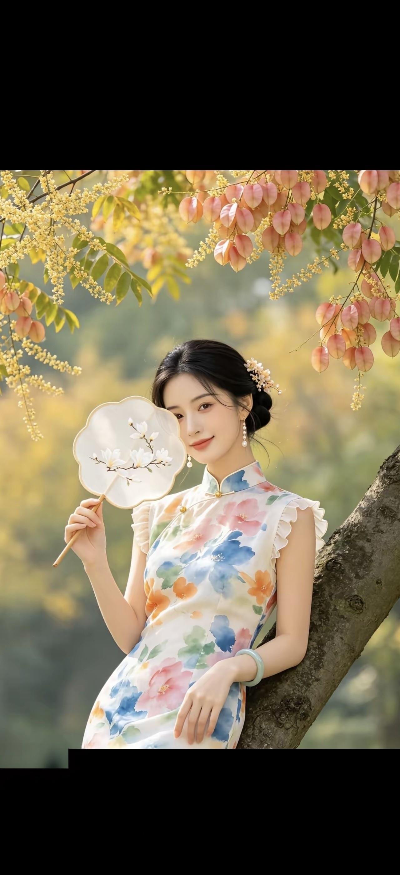 一个姑娘在树下拿着团扇微笑。