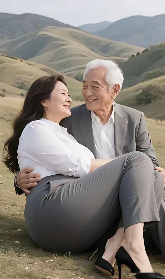 南乡子·老夫少妻窃私语（双调）叠岭浮烟，平坡闲倚两情牵。白发轻言眉带笑，