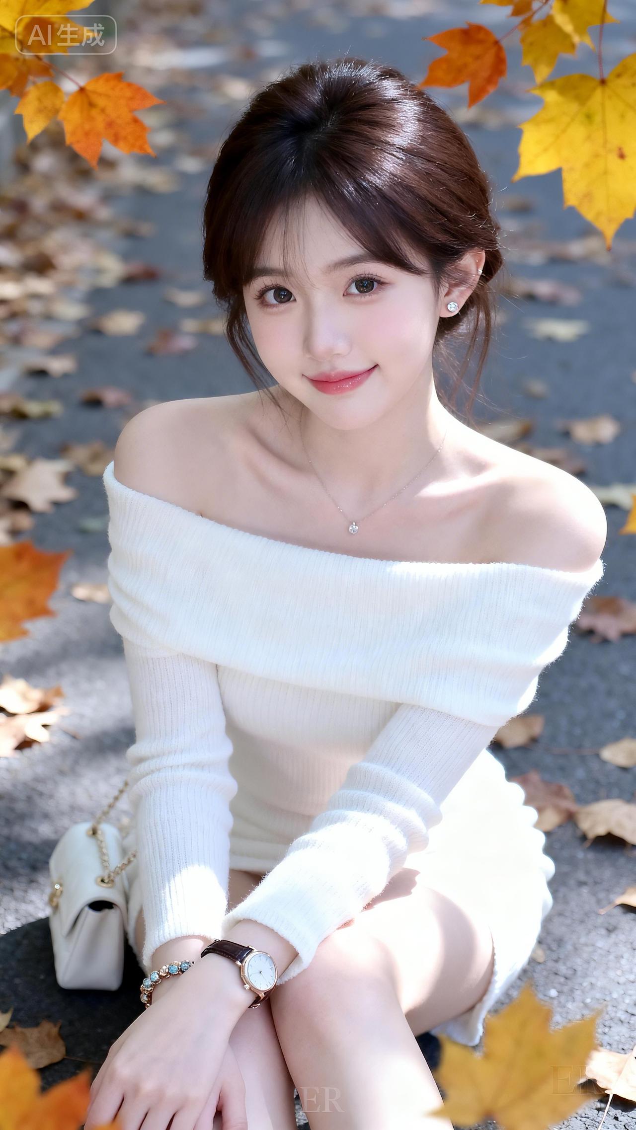 秋阳裹着金叶落，露肩白衫衬得她笑眼更软，发顶的丸子头沾着暖光，连风里都裹着甜糯的