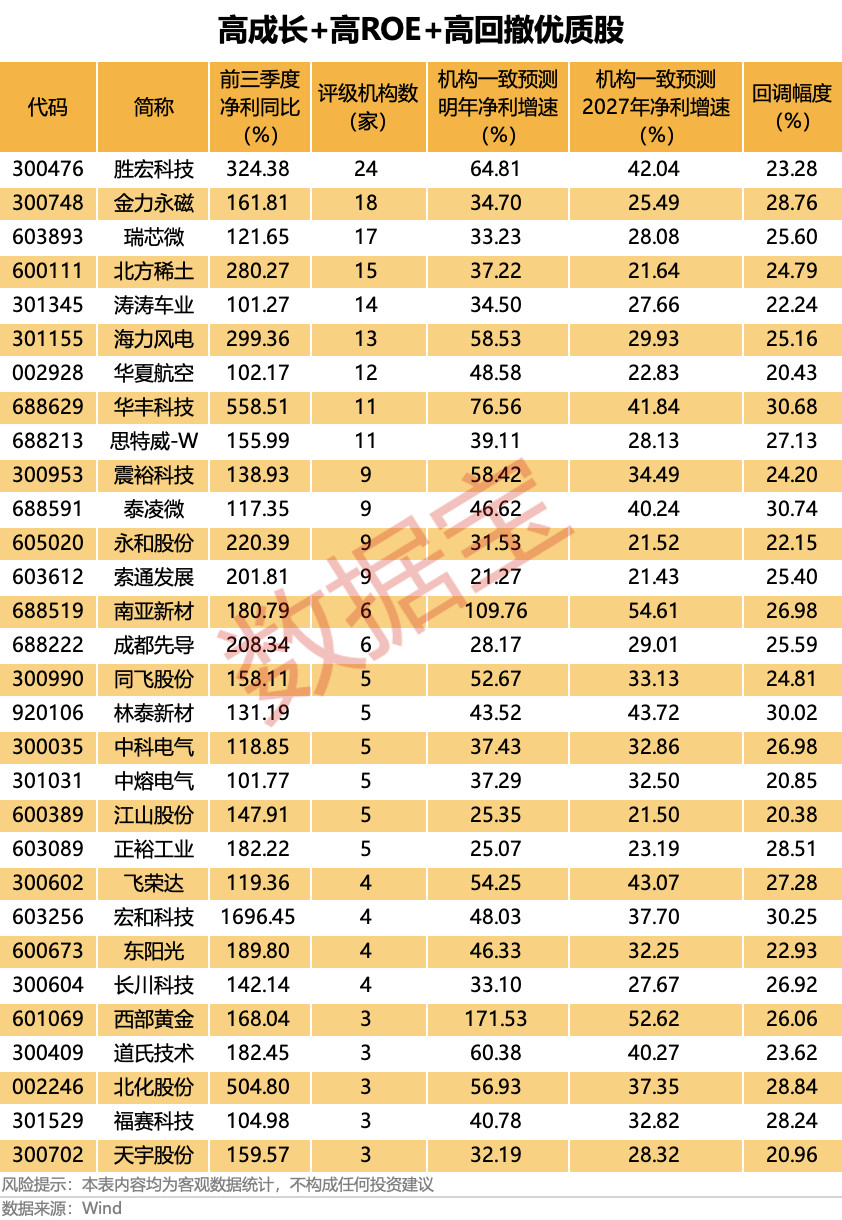 业绩翻倍+高ROE+未来高成长+高回撤优质股30股