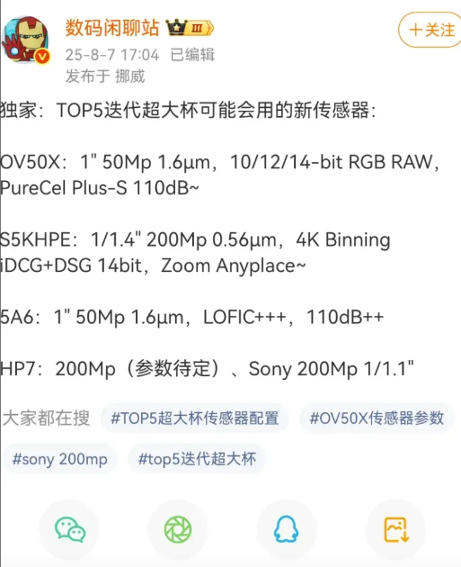 数码闲聊站独家爆料，TOP5迭代超大杯传感器信息曝光，各家旗舰要卷疯了！