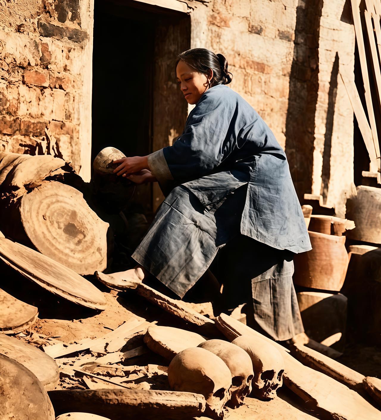 这是一九零三年一名大脚妇人在院子里干活。她先将三个骷髅头整齐地摆放在一起晾晒。之