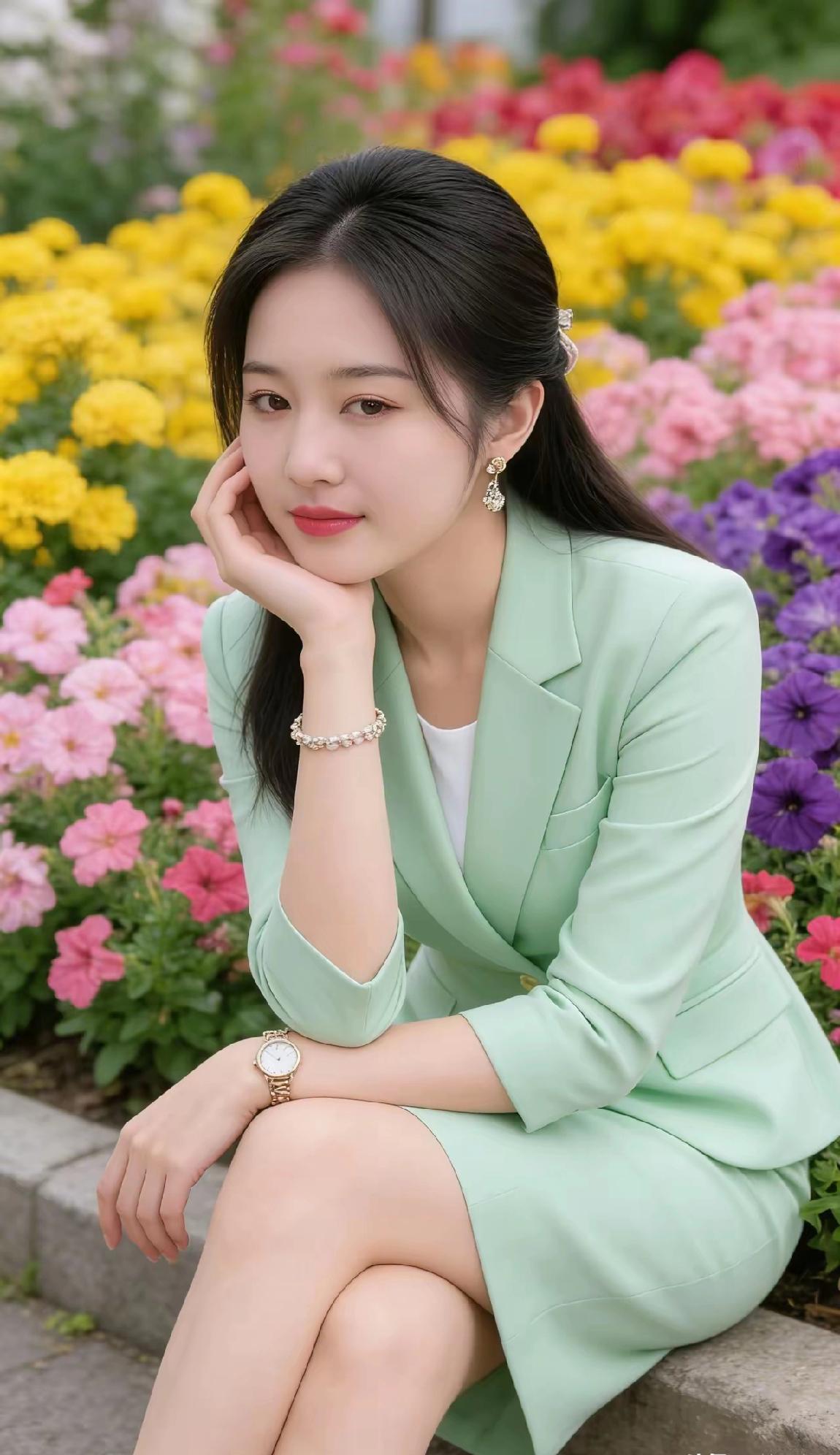 在花海中，优雅地绽放，清新薄荷绿，尽显自然美。🌸💚✨