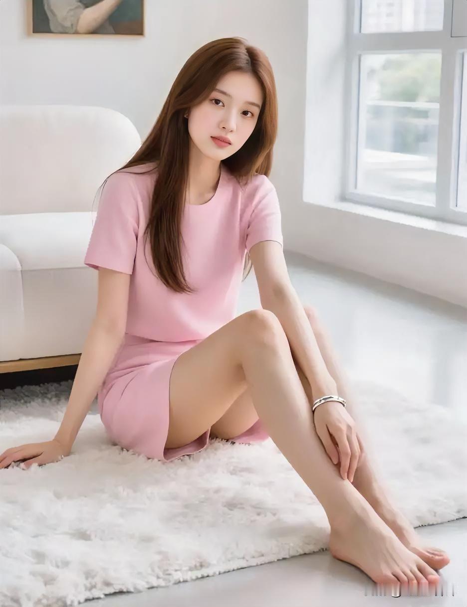 柔粉衣袂，晕染春日温柔。白毯如云，托住她的静谧时光。长发垂落，似溪流轻淌