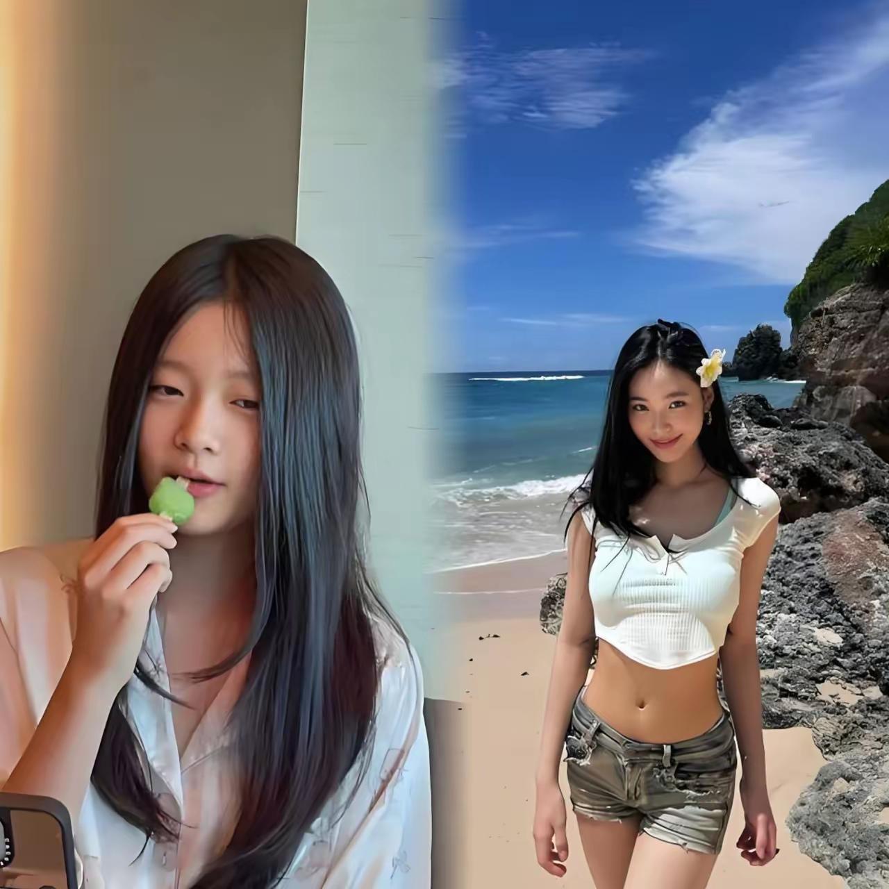 刷到小玥儿近照，突然就懂了啥叫“清水出芙蓉”。小姑娘站在院子里晒太阳，白T