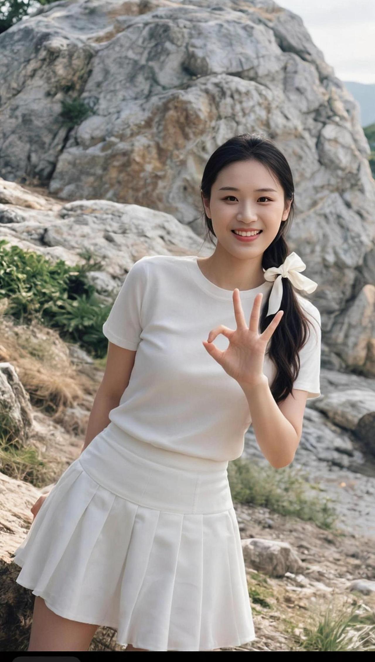 在阳光洒满的山间，她比耶的手势仿佛在和自然对话。背景的岩石诉说着岁月的故事，而她