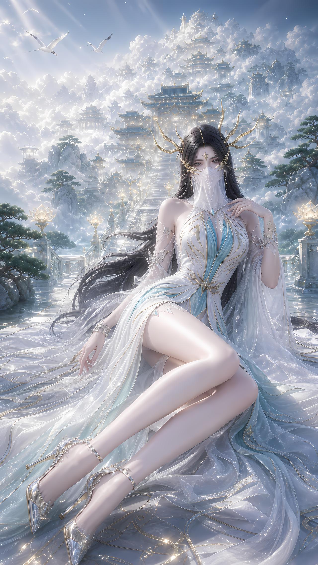 云海翻涌仙阙凌空，白鹤伴清风掠过九霄，浮天宫的主人踏琉璃云桥缓步而来。一身白纱
