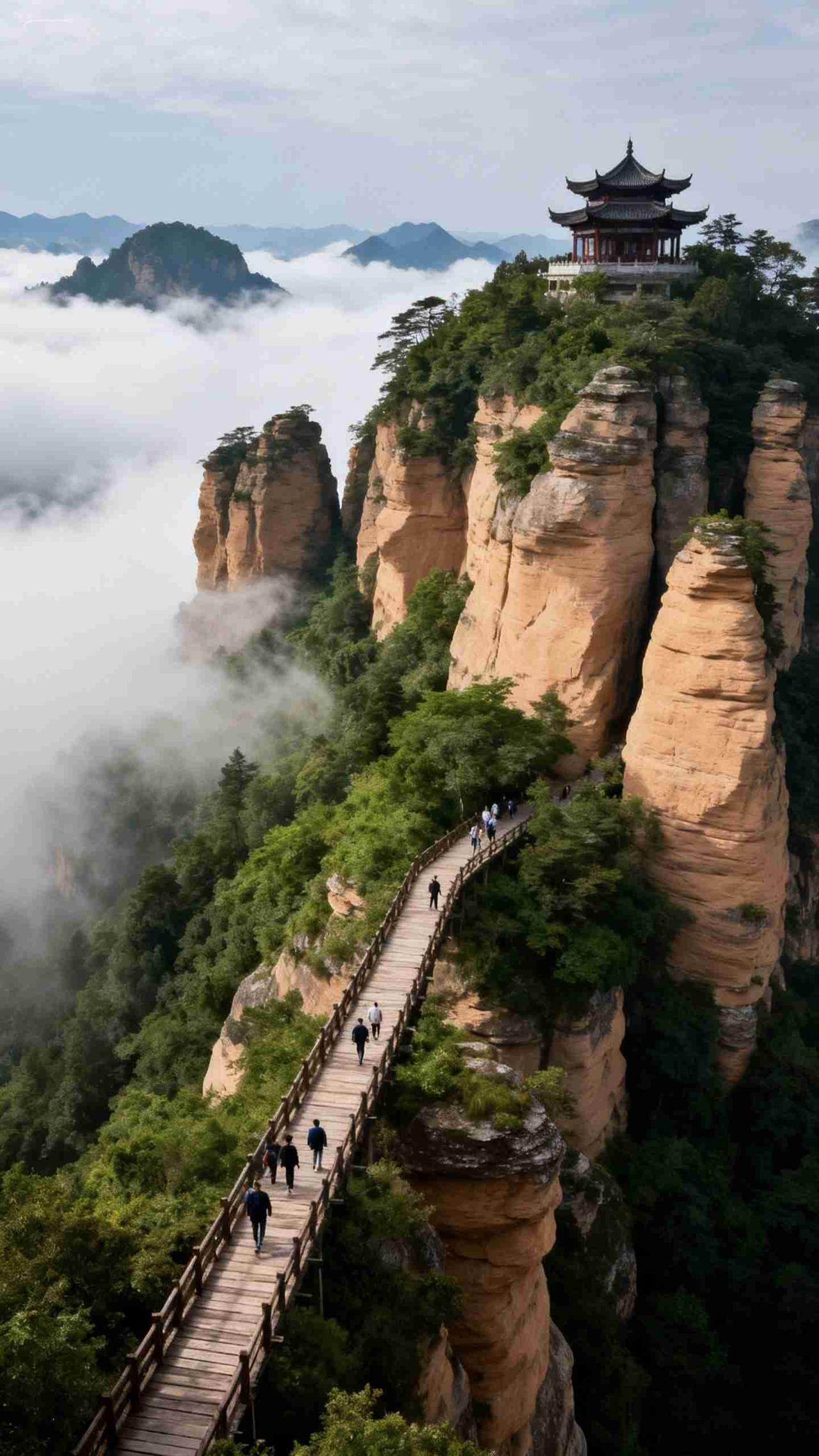 《仙山揽胜》层岩峭立入云天，漫卷云海绕峰前。栈道凌空通幽境，古亭高峙