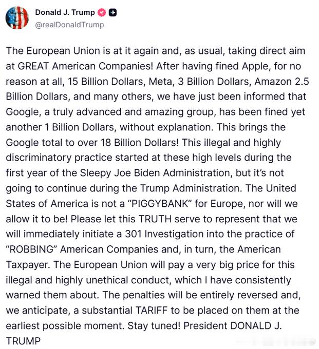 愤怒的懂王继续发帖：唐纳德·J·特朗普realDonaldTrump欧洲联盟又开