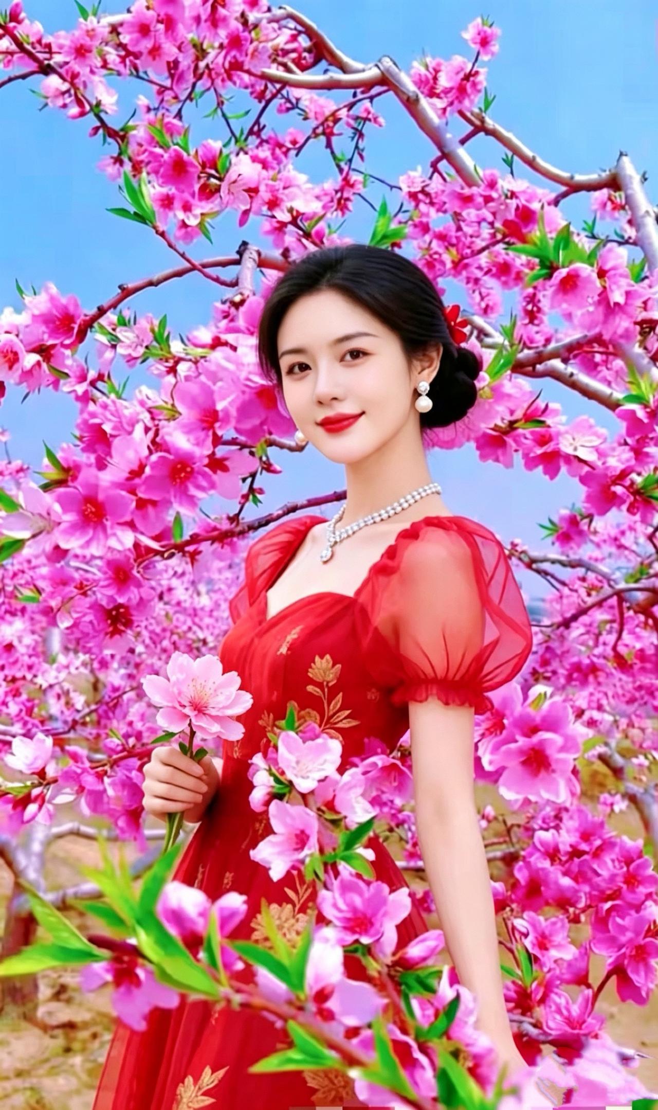 桃园花仙桃林十里漫绯烟，绰约仙娥立树前。笑靥轻融春色里，花枝斜映鬓云边。