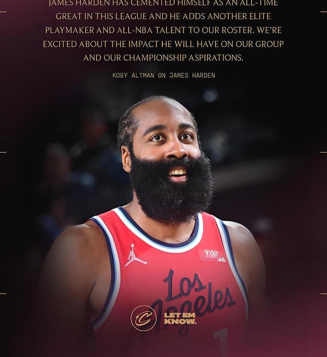 如获至宝，骑士发文称“哈登是联盟最伟大的球员之一”。骑士送走加兰得到詹姆斯哈