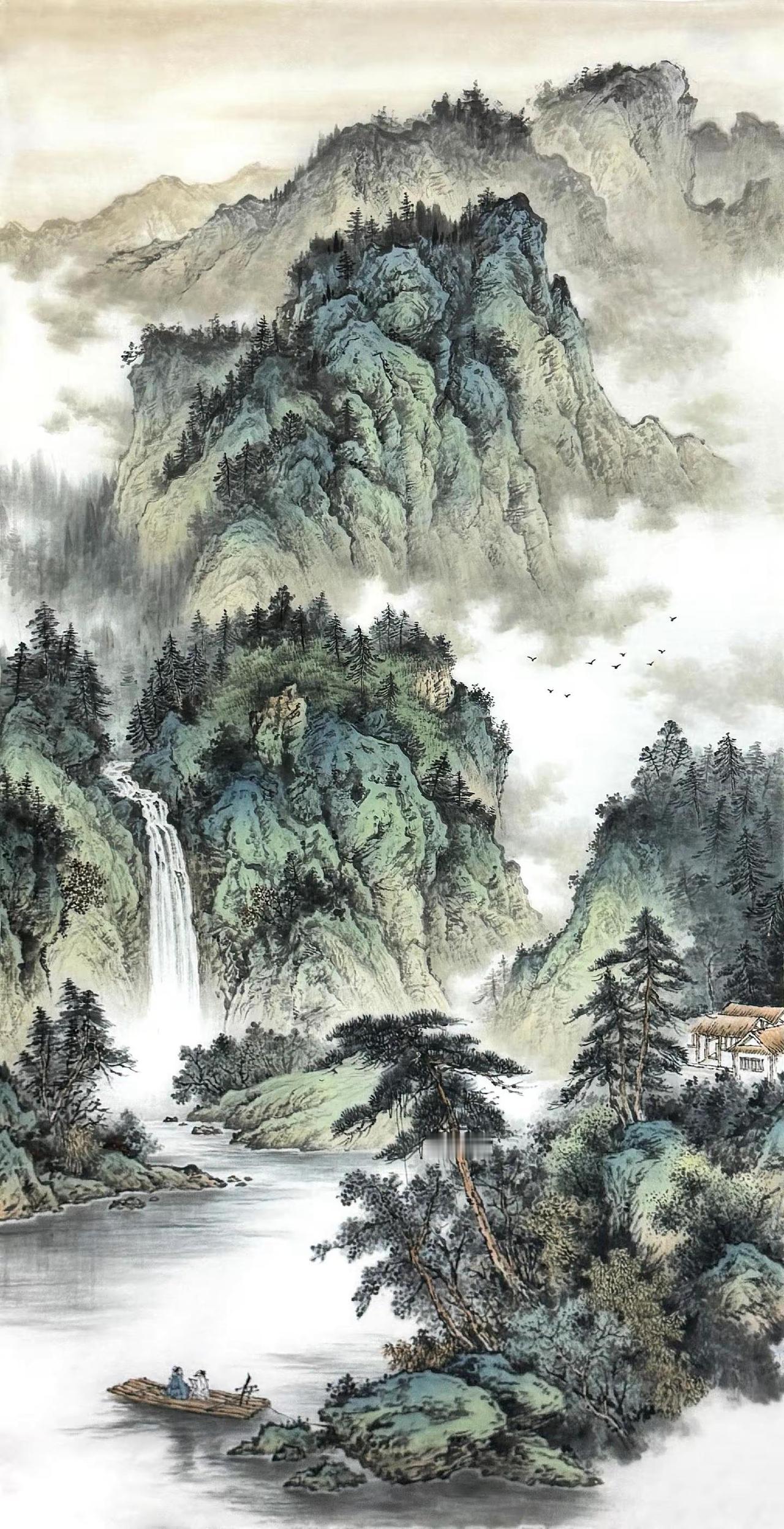 《青山观瀑》。四尺山水创作者中心创作灵感国画山水意境山水画