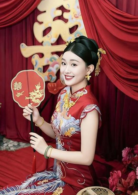 这新娘子，喜感十足，一身绣凤的红嫁衣明艳又灵动。捏着趣味小道具，眉眼间藏着待嫁的