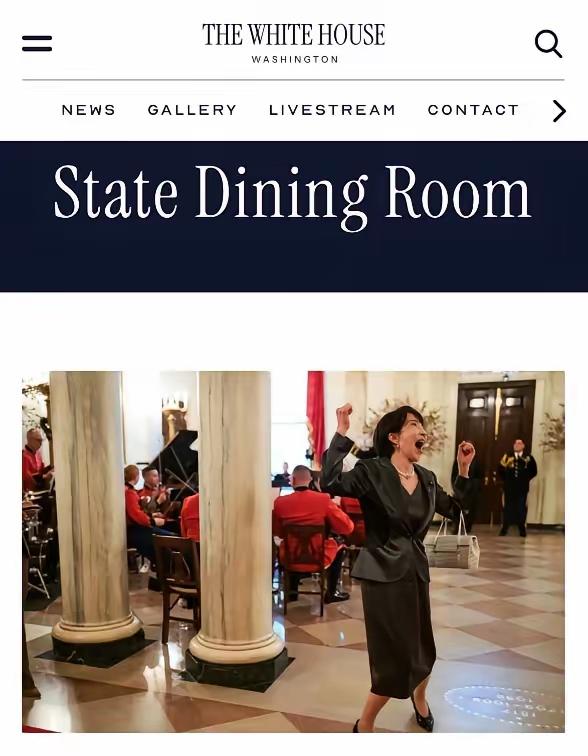 白宫这波操作，把高市早苗的国宴照片挂在官网首页，还配上个“胜利的呐喊”的标题，美