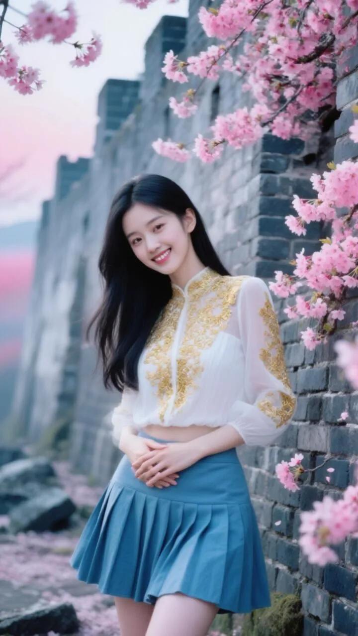 春日粉樱下，少女笑语间。