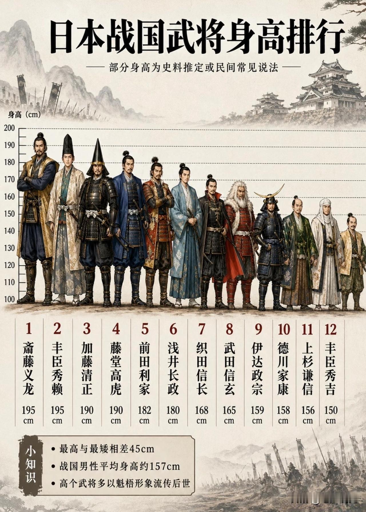 一图了解日本战国武将身高排行，一般来说，武将群体都是身高八尺、威武雄壮之辈，包括