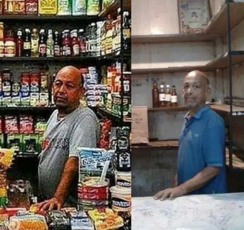 委内瑞拉商店的变化很明显，右边是以前，货架空空如也，商品匮乏。而左边是在马嘟