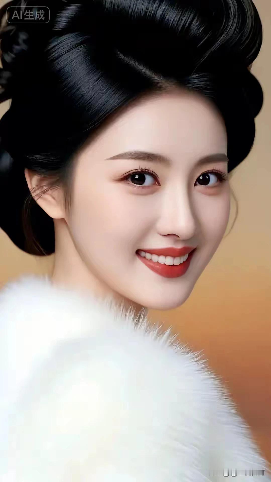 嫣然一笑百媚生，恰似春风拂柳轻。云鬓轻挽花眼影，容颜绝世韵倾城。