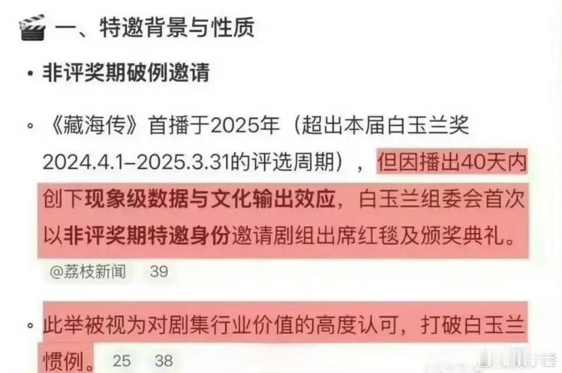 你们听说了吗？《藏海传》这部剧可是真厉害啊！它竟然被白玉兰奖破例邀请了，要知道本