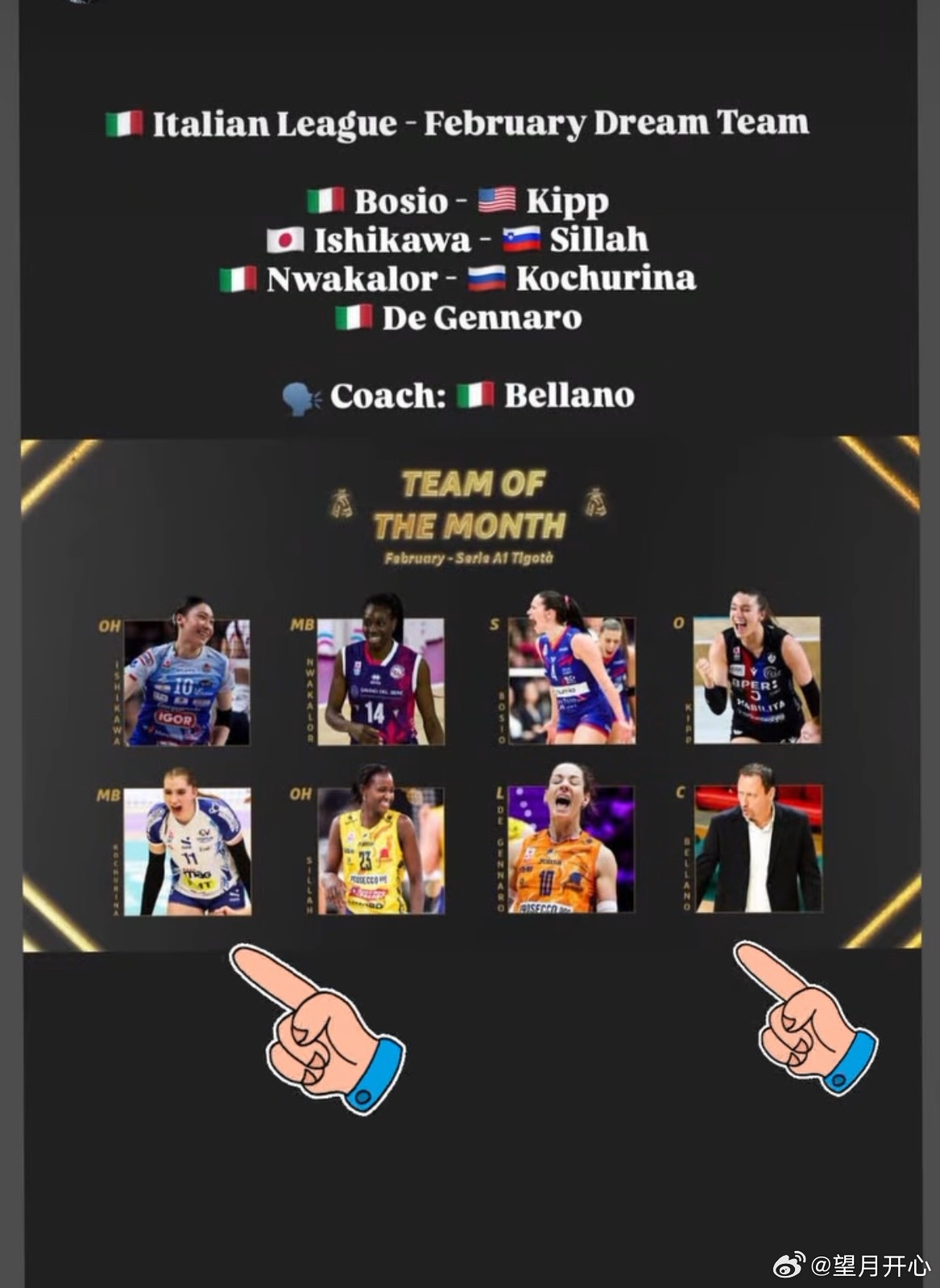 【意甲女排联赛2月梦之队，石川真佑MVP】意甲女排联赛官方公布了2月份的最佳阵容