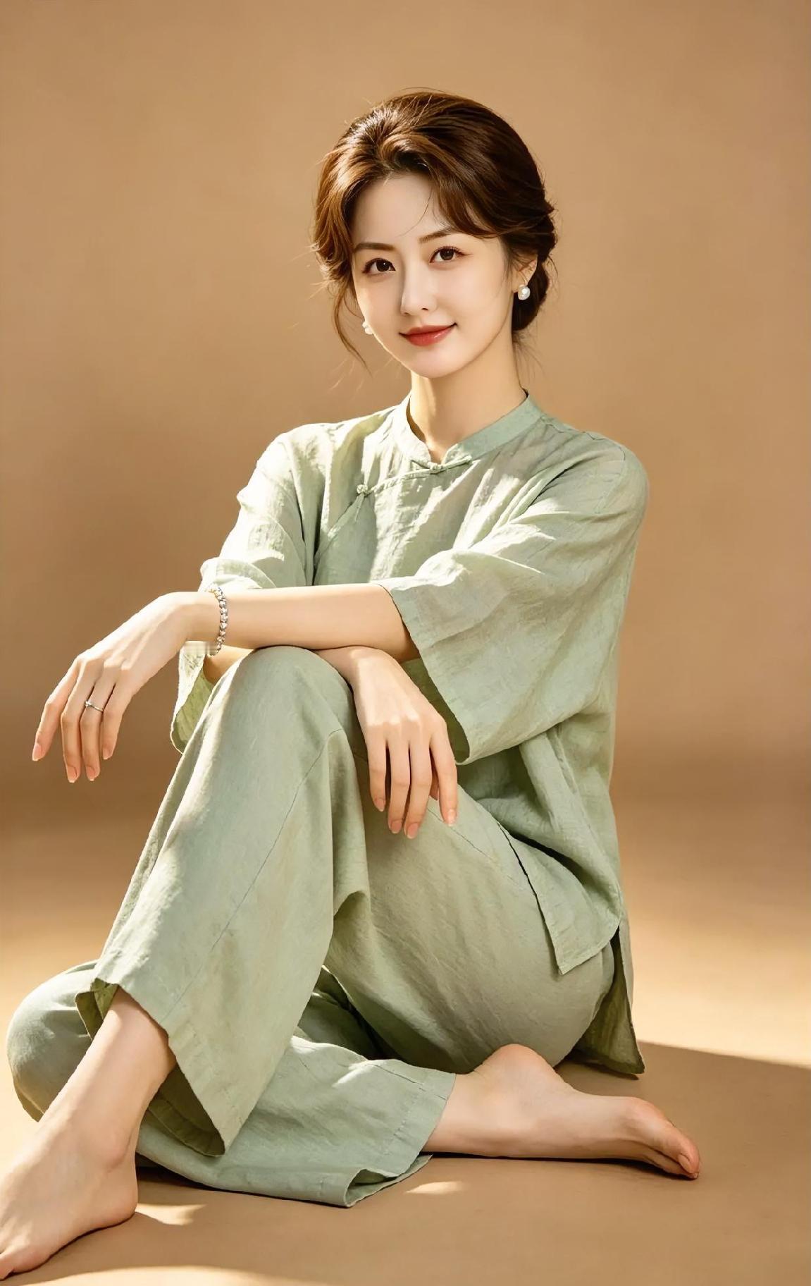 浅绿裹着安静，盘扣系住风。麻布轻，袖口宽，坐姿像云停。珍珠耳畔明
