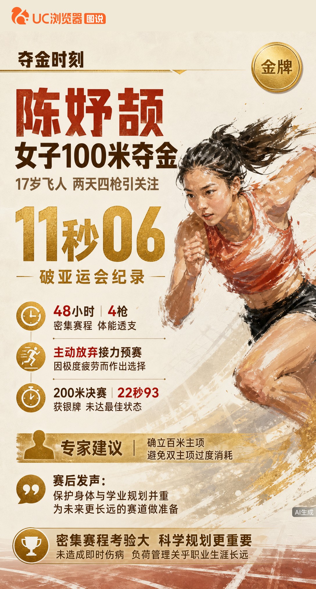 17岁陈妤颉11秒06破亚运纪录夺百米金牌！48小时连跑4枪体能透支，主动放弃接力预赛，200米摘银