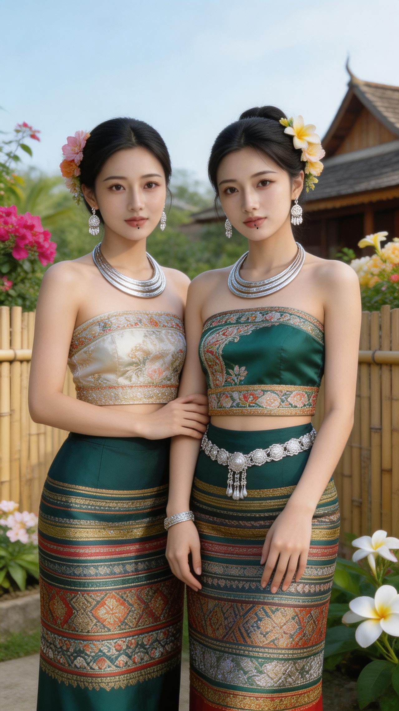 两位美女穿着传统服饰，花环点缀。