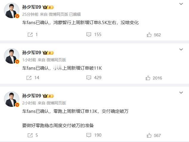 部分新势力上周新增订单数据。零跑：13000，周交付10000+小米：110