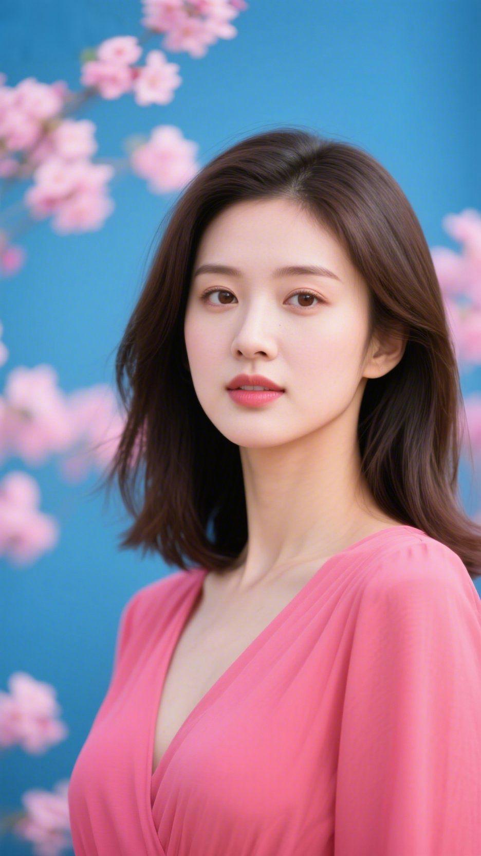 《粉裙伴春，眸底含光》天是匀净的浅蓝，风裹着樱瓣的柔，漫过她身侧的花影。