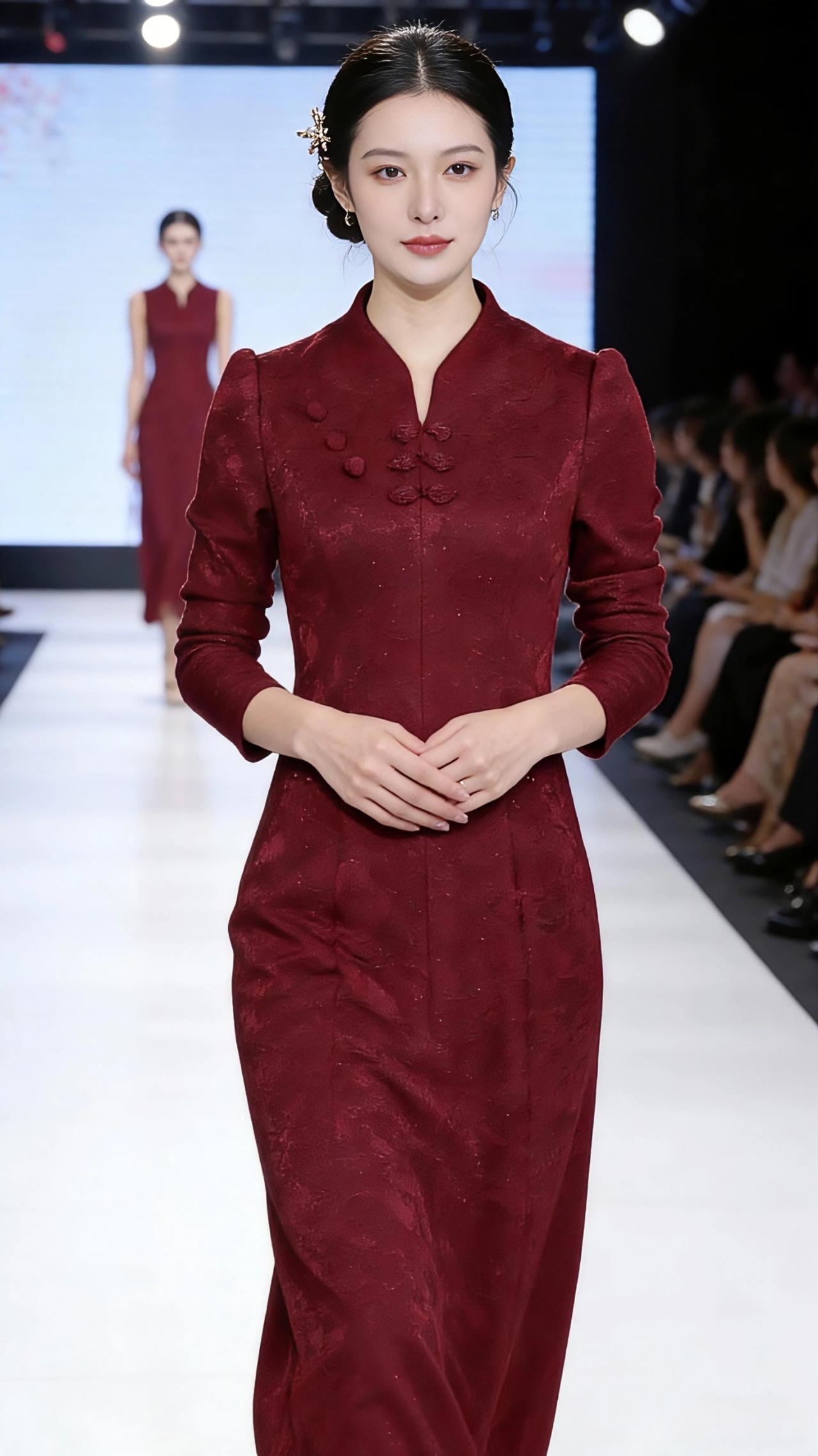 红绸步香阶酒红的裙裾如凝结的赤霞，在T台的白光里漾开柔缓的弧。模特踩着细跟