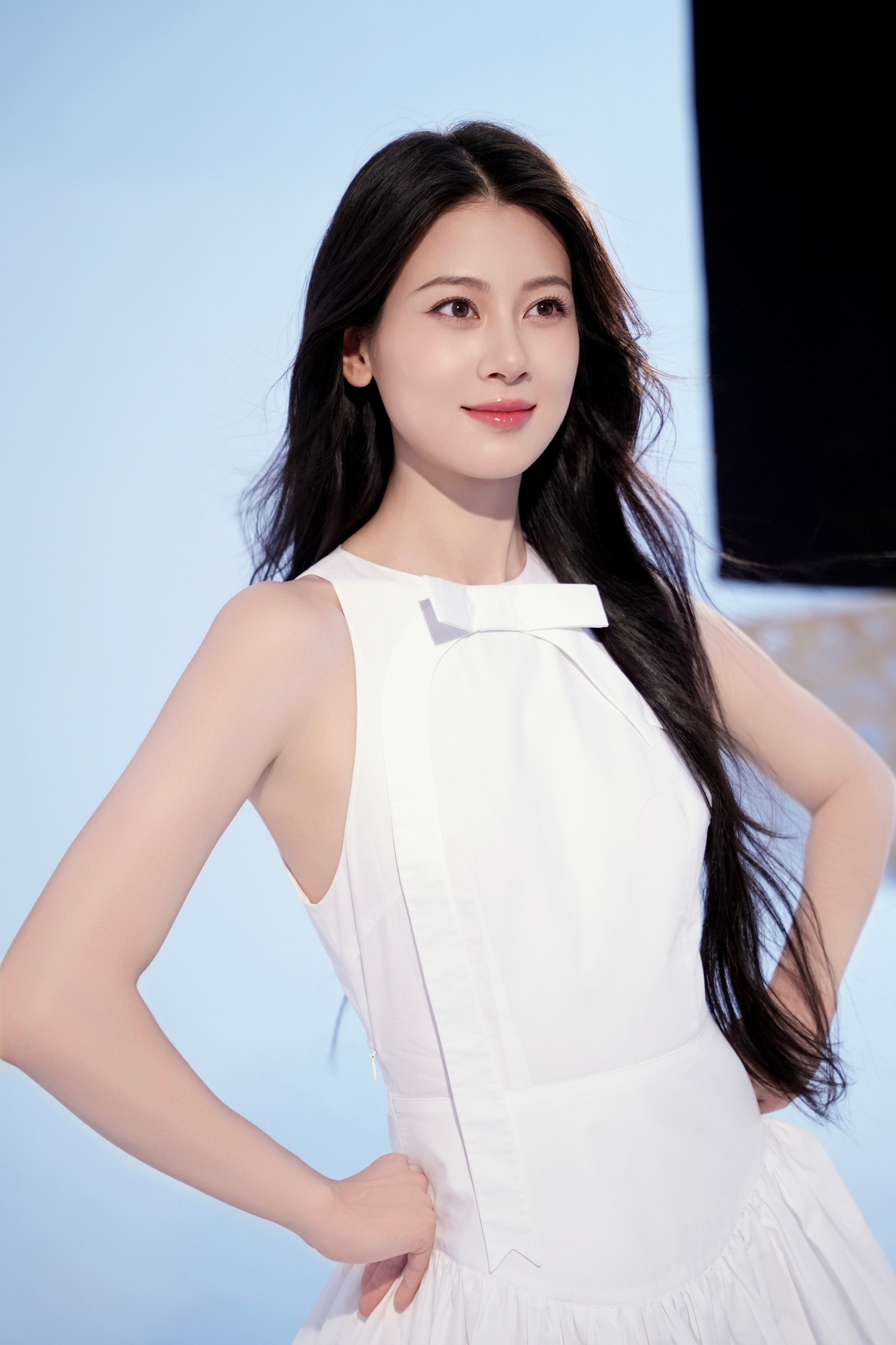 赵昭仪五官精致得像精心雕琢的玉瓷，睫羽轻扬时眼眸澄澈，下颌线的弧度又添了几分