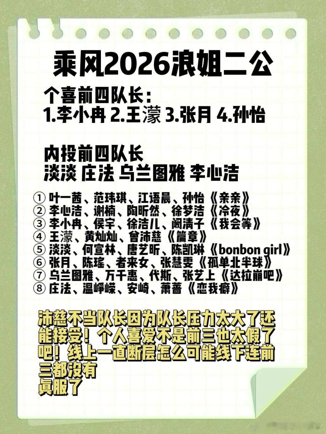 浪姐二公沛慈不是队长这波别是冲灿灿来的乘风2026|