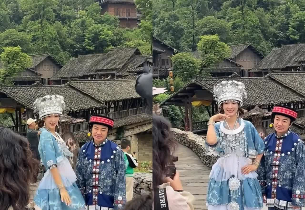 王祖蓝真的不适合穿苗族服装啊！最近有网友在乌江寨偶遇到了夫妻俩，感觉王祖蓝满脸无