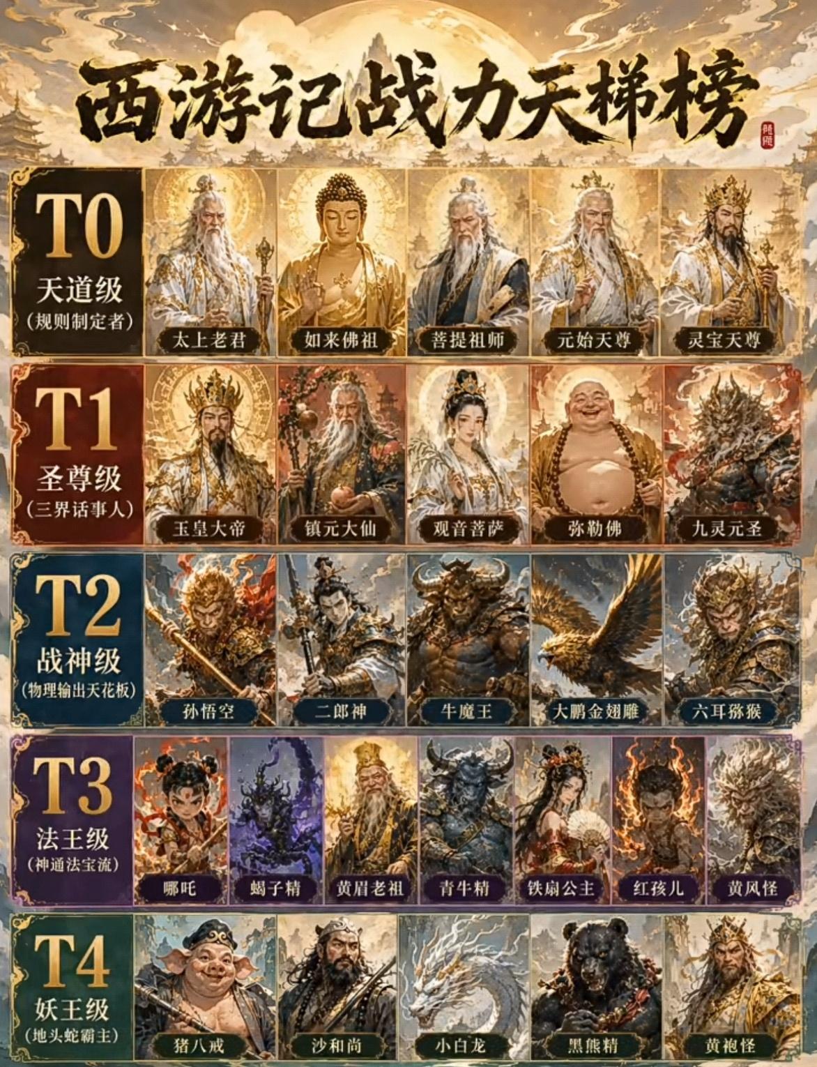 西游记战力天梯榜～把西游记中各路神仙妖怪划分梯队。T0天道级是顶层大佬，太