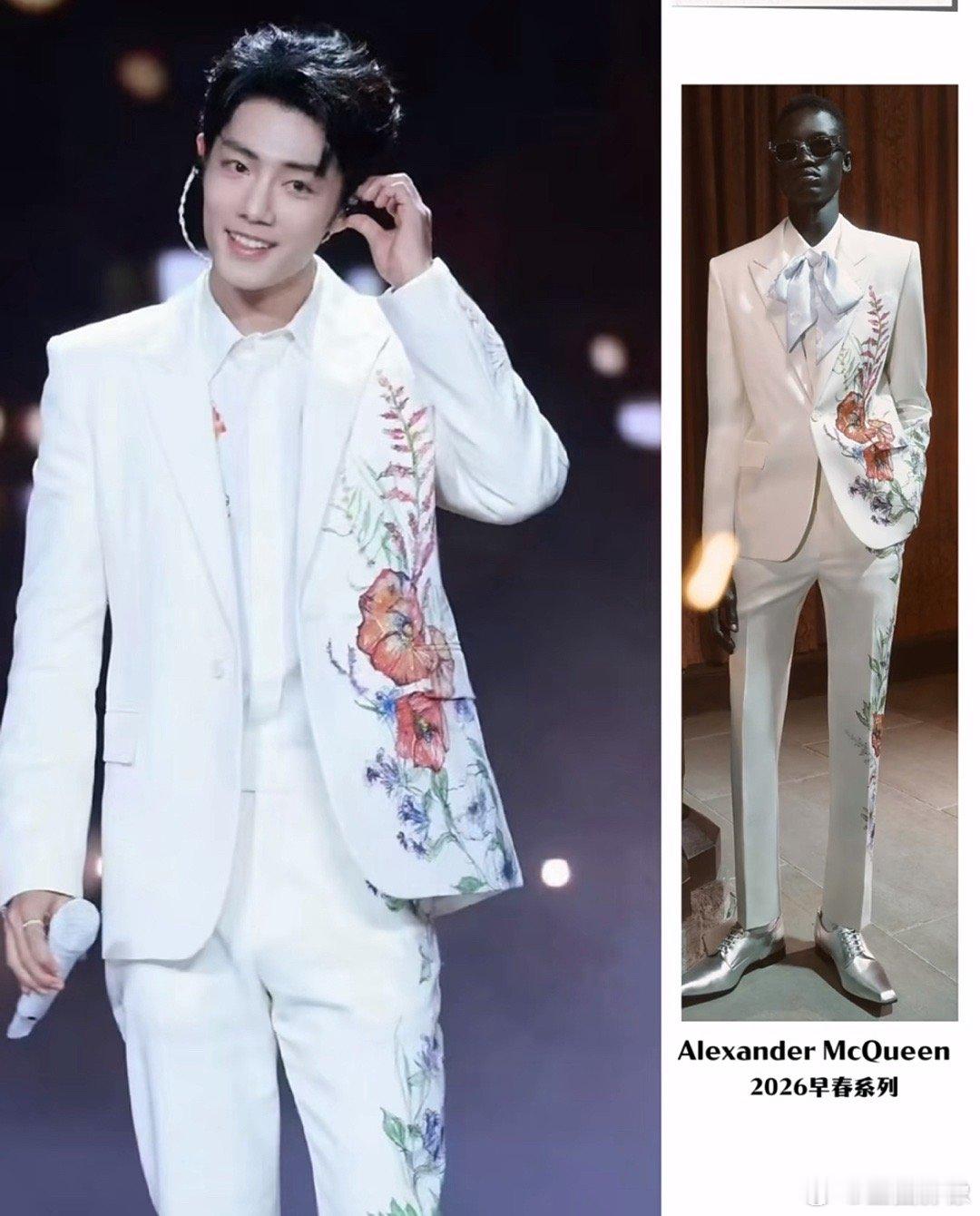 肖战白色刺绣西装真的很会选衣服。麦昆这套非常符合春晚主题。