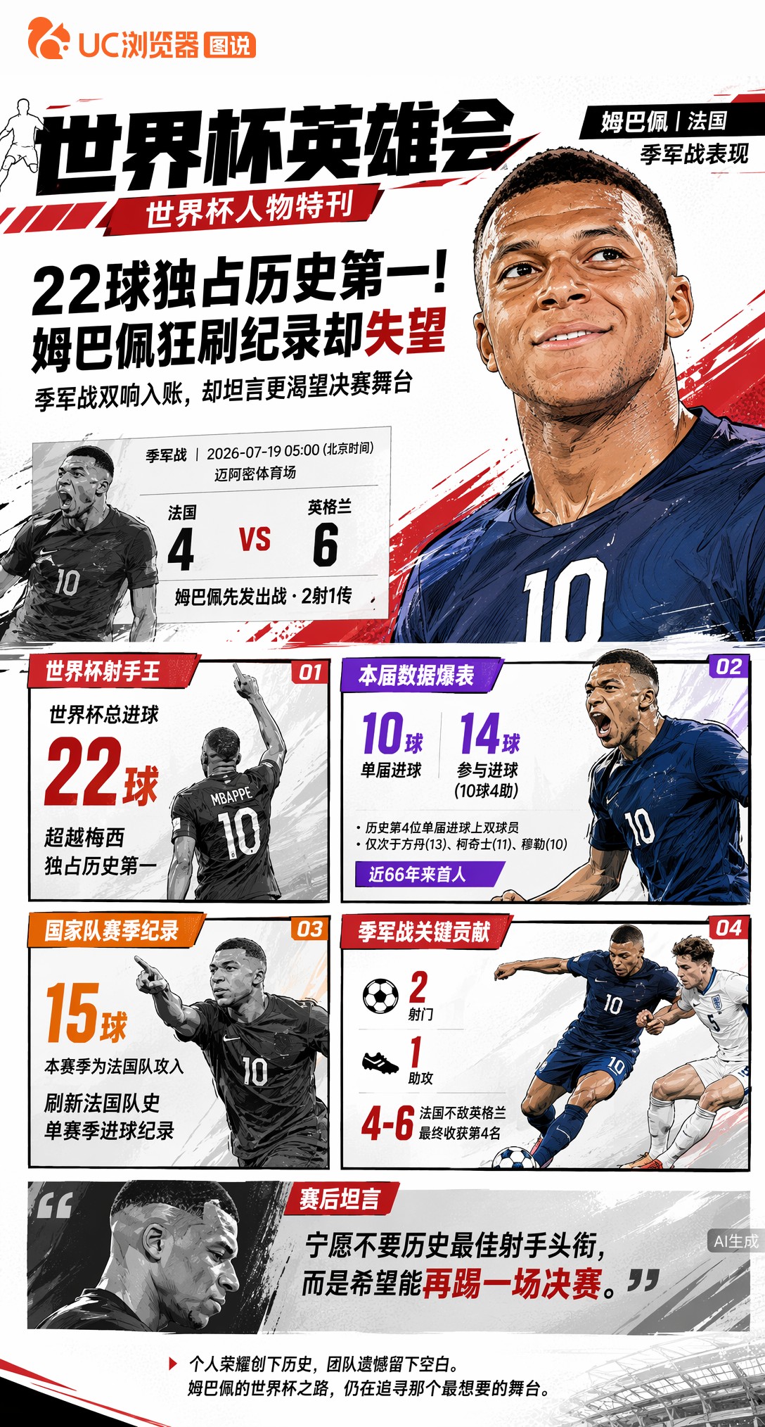 22球独占历史第一！姆巴佩狂刷纪录却失望：宁愿不做射手王